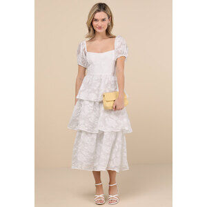 Lulus Mesmerizing Sweetheart Ivory Jacquard Puff Sleeve Midi Dress White
